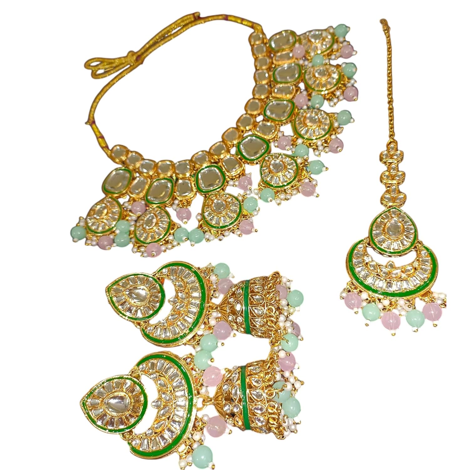 myFashion Statement Kundan Choker Necklace Set with Pearls & Pastel Pink Green Beads | Semi Bridal Jewellery Set with Earrings & Maang Tikka