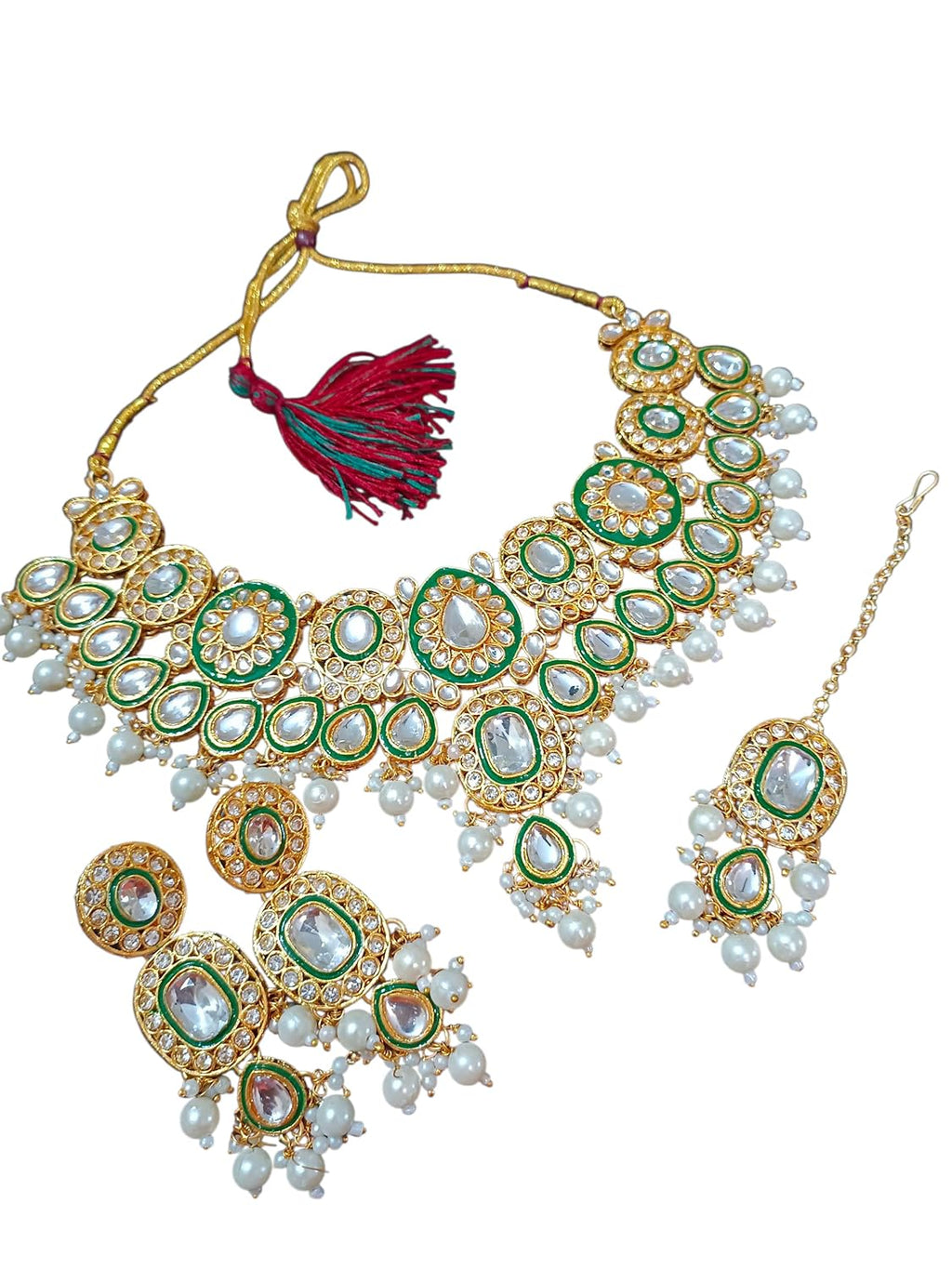 myFashion Kundan Necklace Set with White Pearls, Green and Gold Traditional Indian Jewelry with Earrings and Maang Tikka