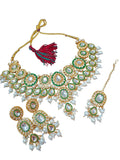 myFashion Kundan Necklace Set with White Pearls, Green and Gold Traditional Indian Jewelry with Earrings and Maang Tikka