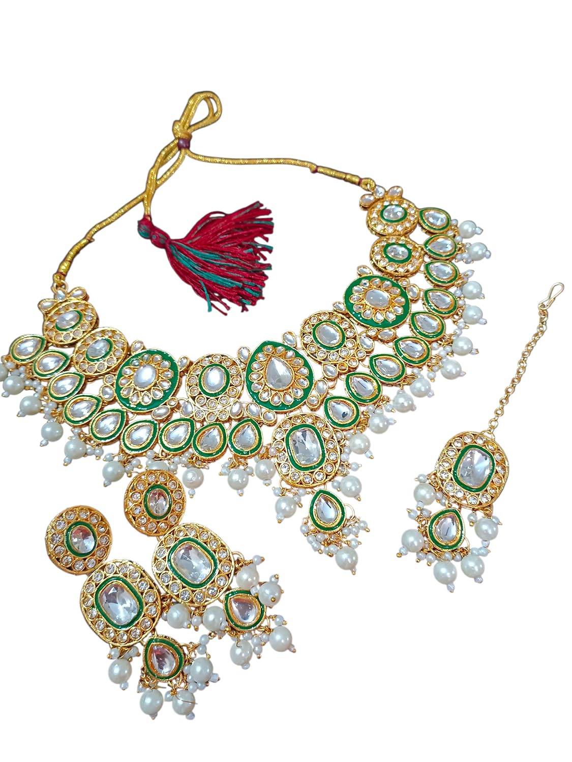 myFashion Kundan Necklace Set with White Pearls, Green and Gold Traditional Indian Jewelry with Earrings and Maang Tikka