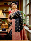 Premium Banarasi Black Katan Silk Saree with Red Woven Border