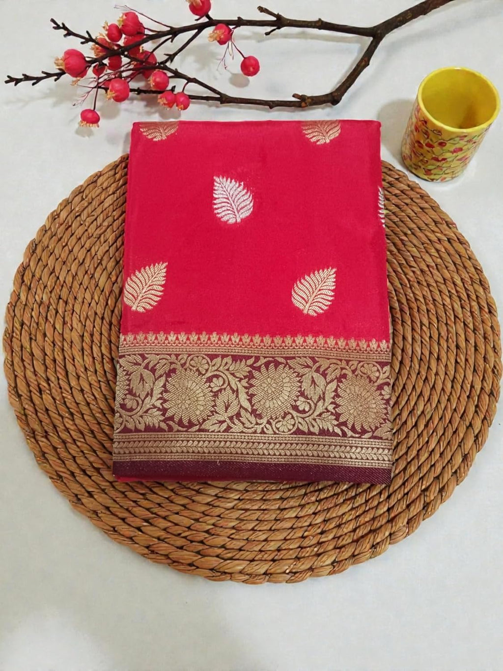 myFashion Banarasi Katan silk saree with Contrast Border, Sona roopa zari leaf pattern
