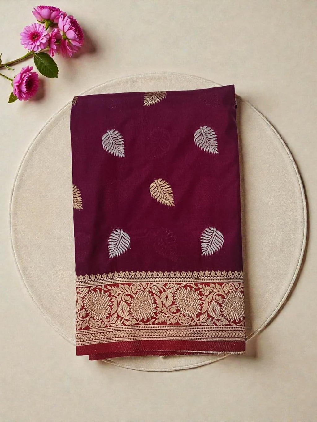 myFashion Banarasi Katan silk saree with Contrast Border, Sona roopa zari leaf pattern