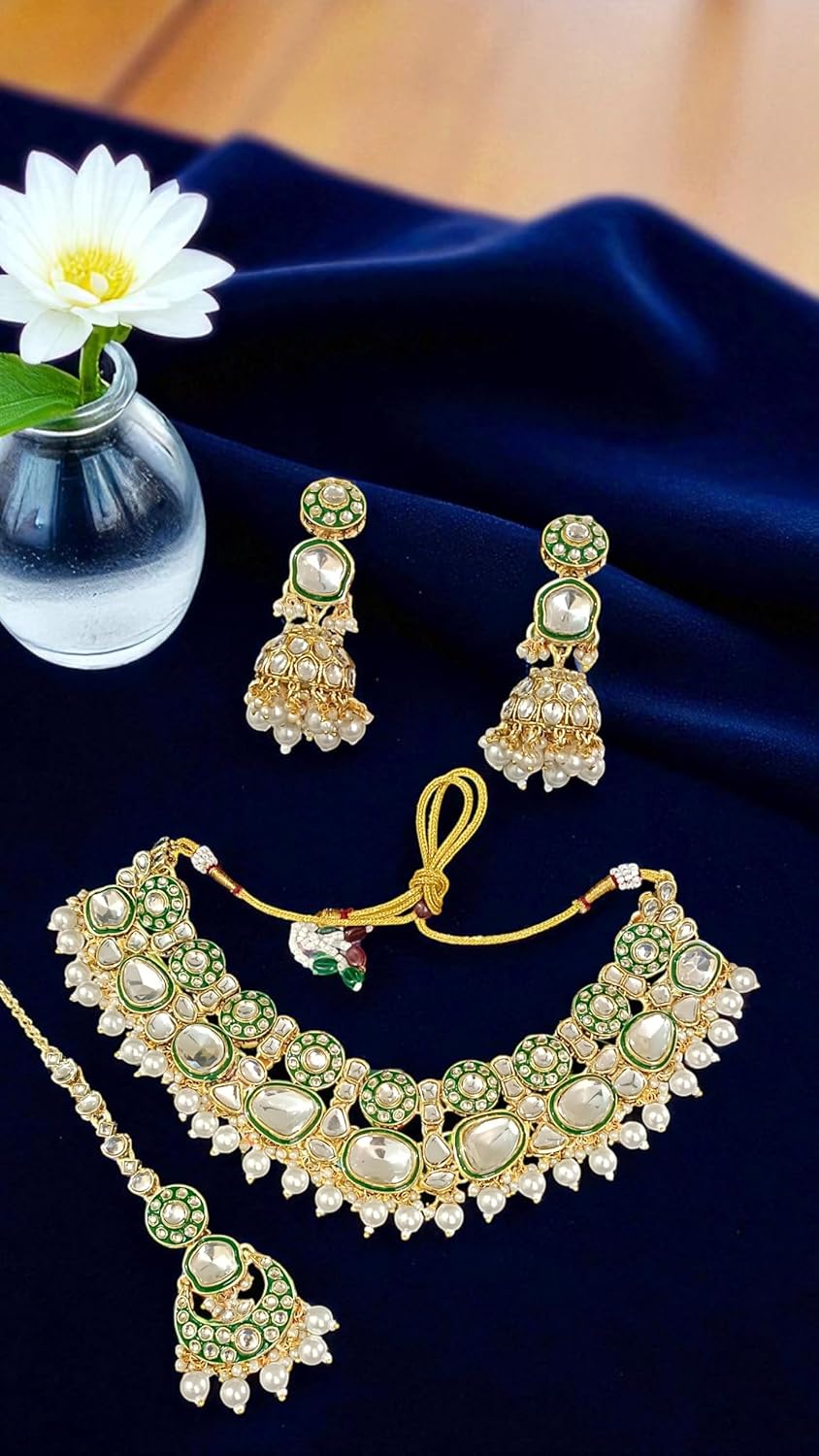Bridal Kundan Choker Necklace Set with Jhumka Earrings & Maang Tikka – Traditional Indian Wedding Jewellery (Purple/White / Green / Mint & Pink)