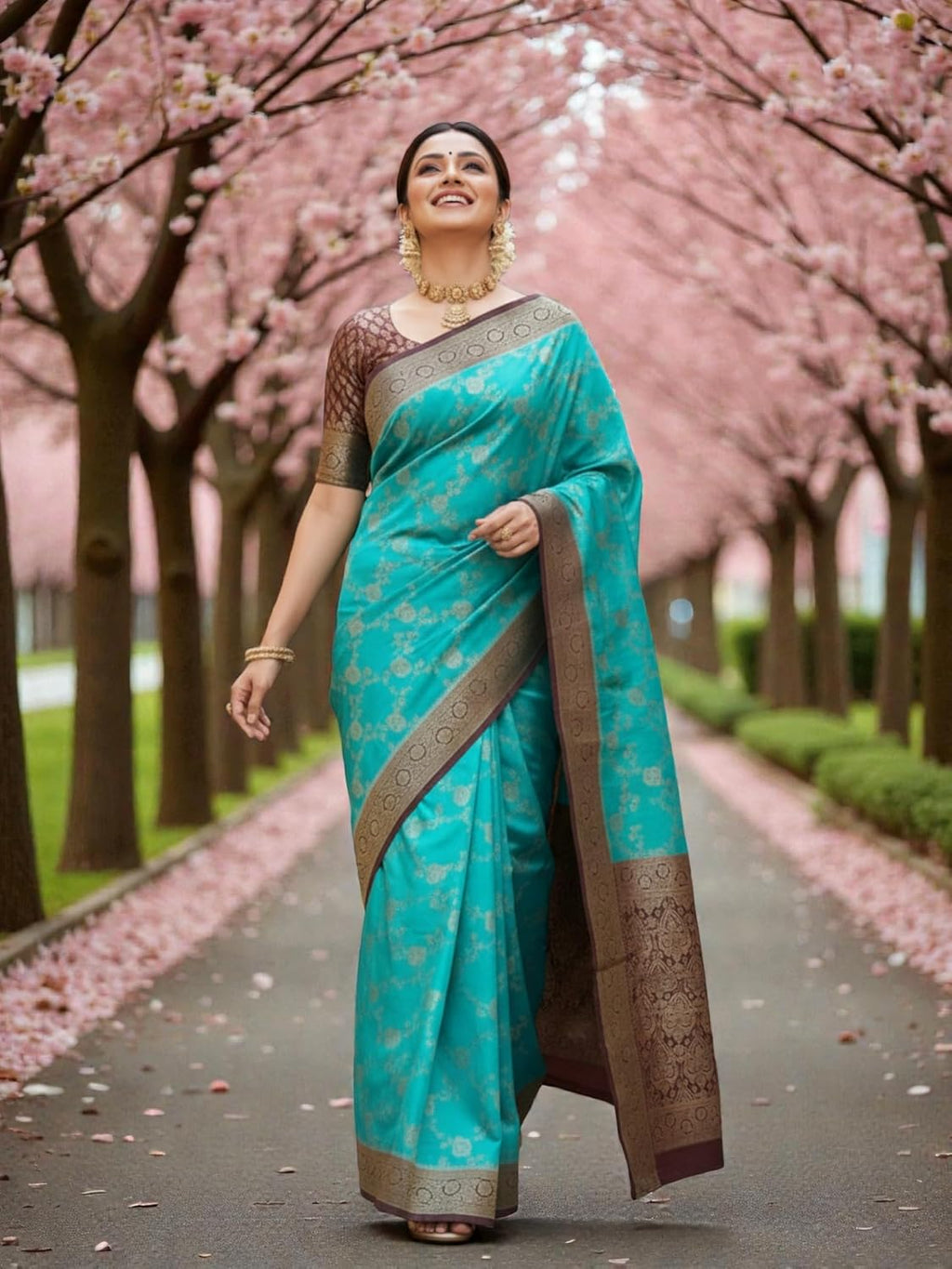 myFashion Banarasi Mashru Silk Saree with Contrast Border and Pallu, Turquoise with Brown, Brocade Blouse Piece