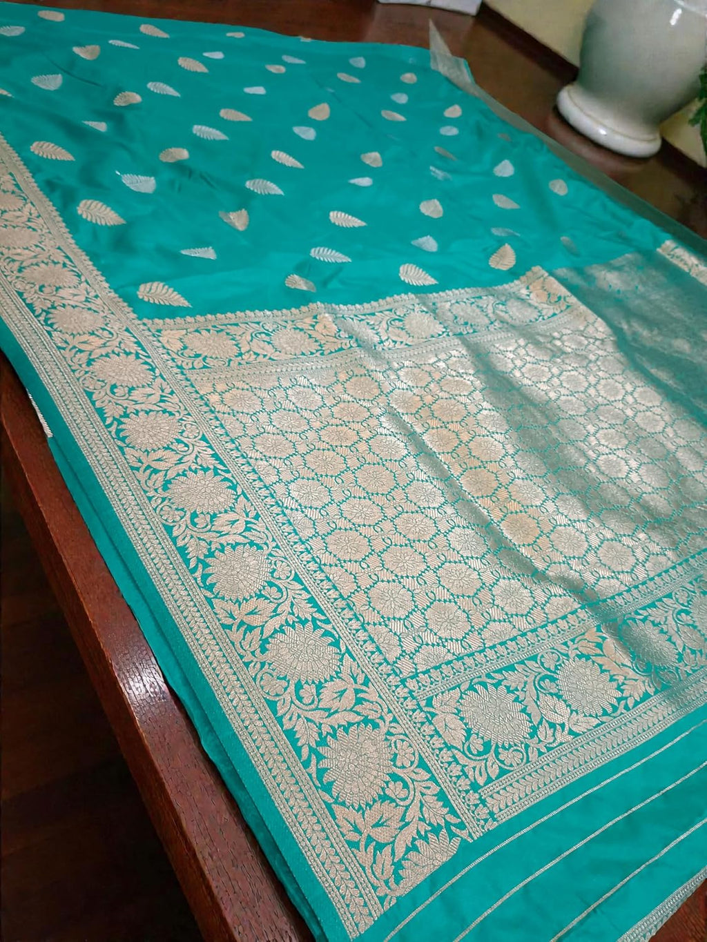 myFashion Banarasi Katan silk Saree sea green colour with Sona Roopa Zari Leaf Motif