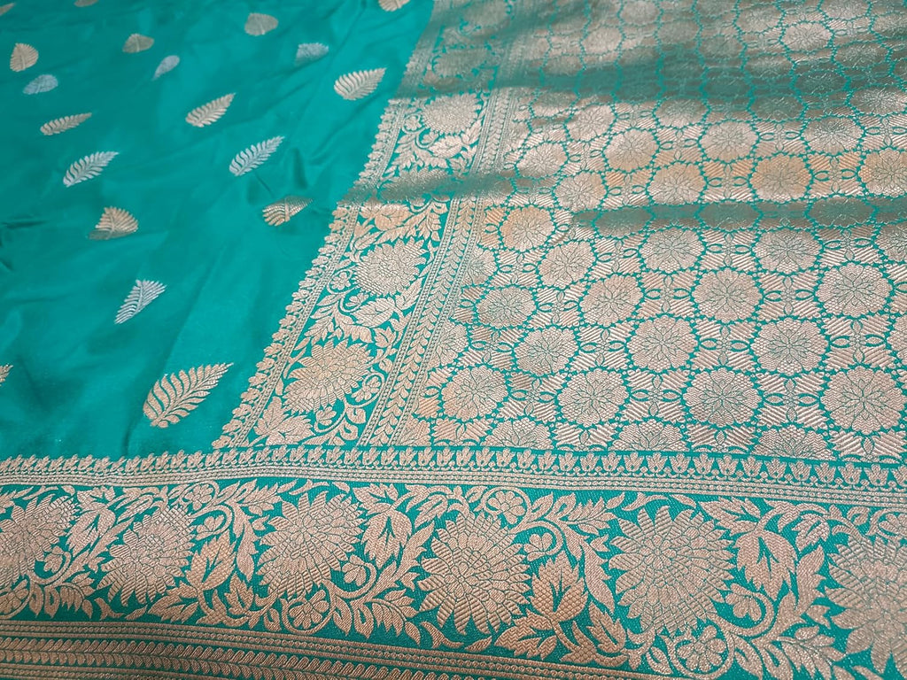 myFashion Banarasi Katan silk Saree sea green colour with Sona Roopa Zari Leaf Motif