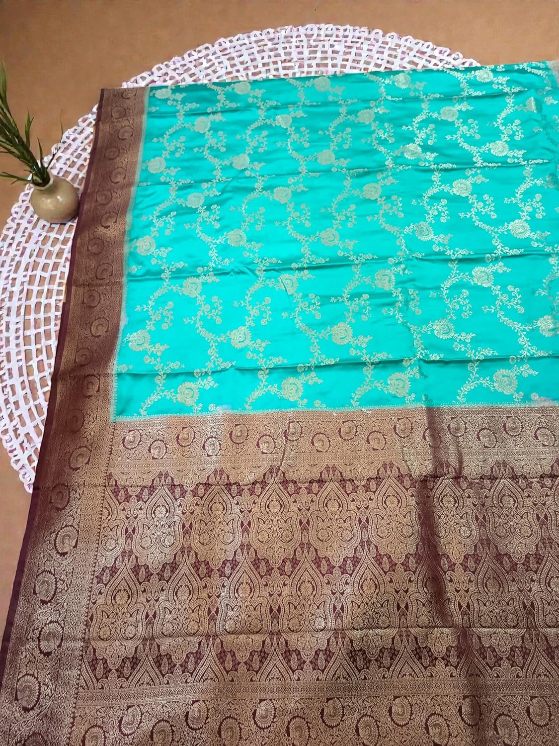 myFashion Banarasi Mashru Silk Saree with Contrast Border and Pallu, Turquoise with Brown, Brocade Blouse Piece