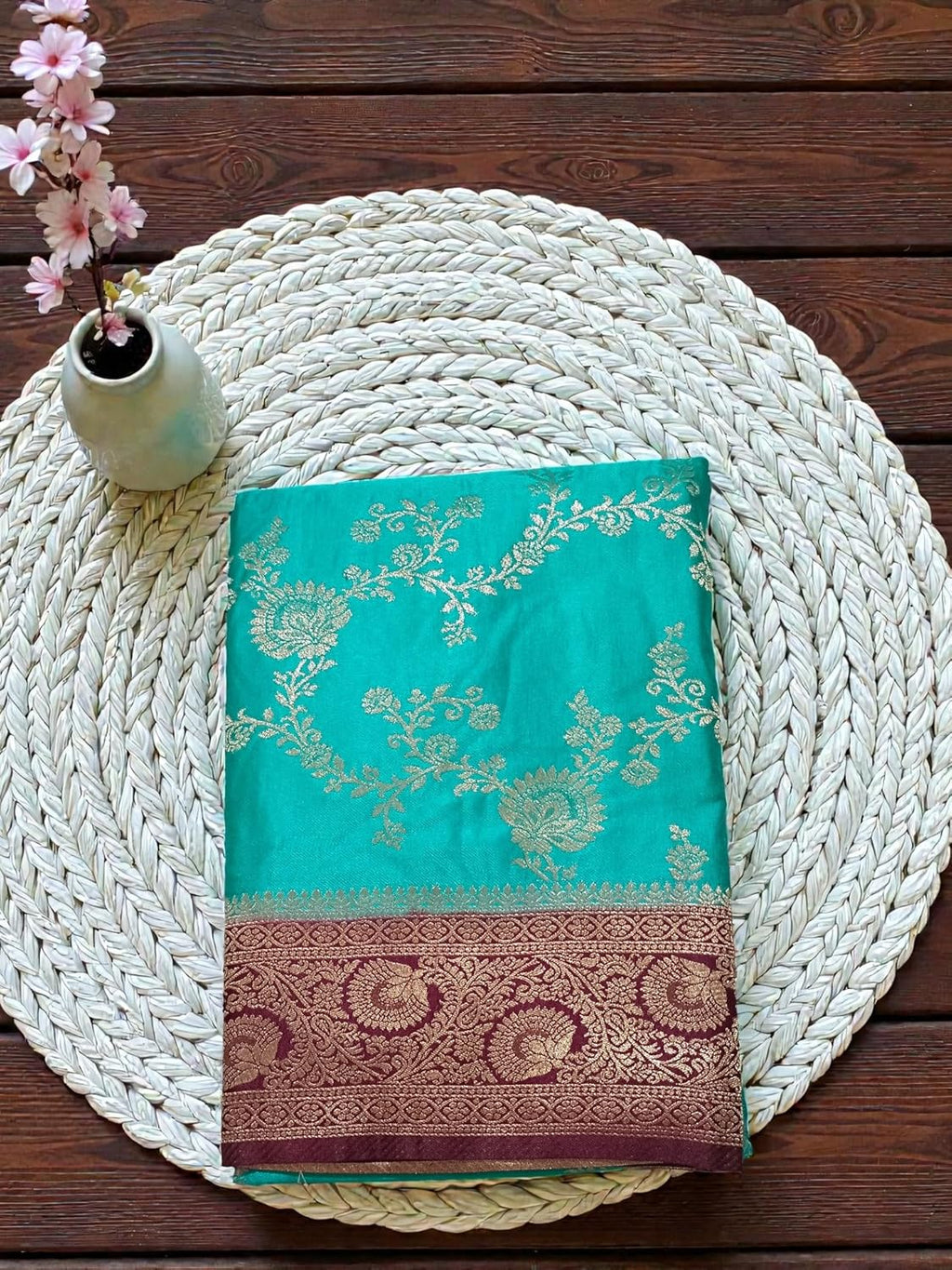 myFashion Banarasi Mashru Silk Saree with Contrast Border and Pallu, Turquoise with Brown, Brocade Blouse Piece
