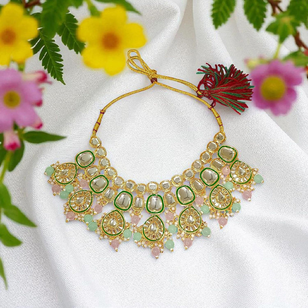 myFashion Statement Kundan Choker Necklace Set with Pearls & Pastel Pink Green Beads | Semi Bridal Jewellery Set with Earrings & Maang Tikka