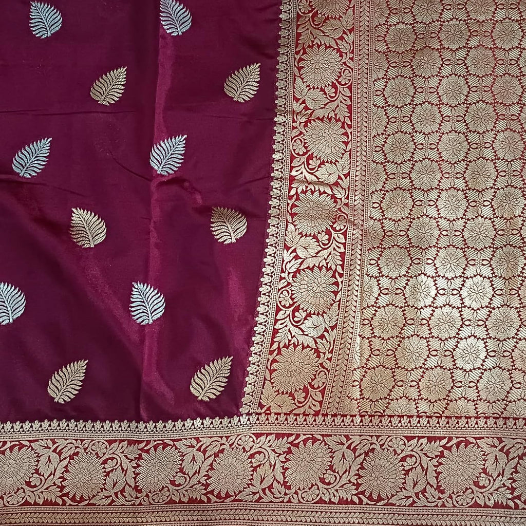 myFashion Banarasi Katan silk saree with Contrast Border, Sona roopa zari leaf pattern