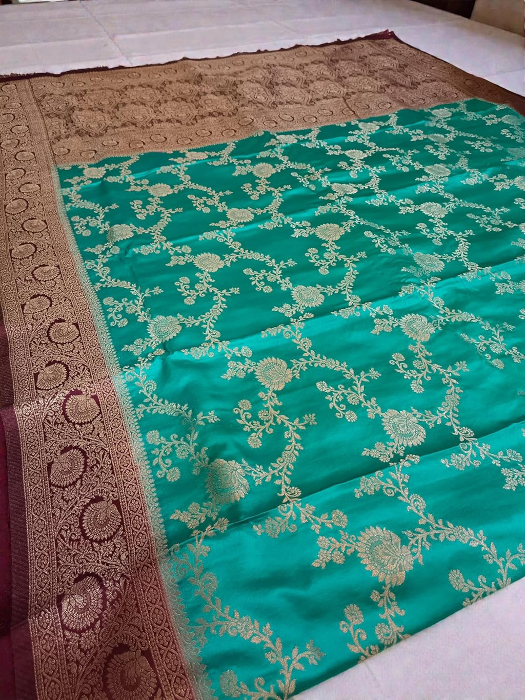 myFashion Banarasi Mashru Silk Saree with Contrast Border and Pallu, Turquoise with Brown, Brocade Blouse Piece