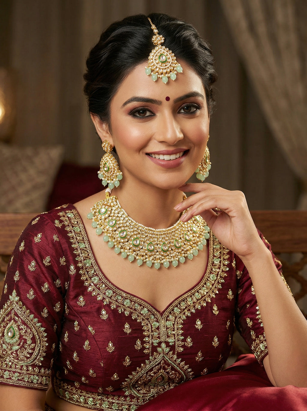 myFashion Gold-Plated Kundan Choker Necklace Set with Mint Green Beads | Bridal & Wedding Jewellery Set with Earrings & Maang Tikka