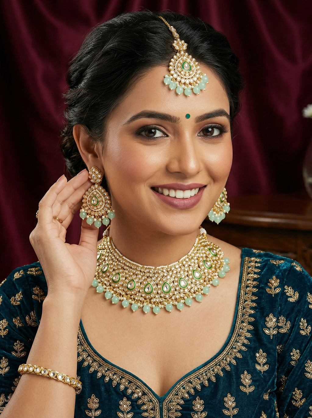 myFashion Gold-Plated Kundan Choker Necklace Set with Mint Green Beads | Bridal & Wedding Jewellery Set with Earrings & Maang Tikka
