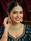 myFashion Gold-Plated Kundan Choker Necklace Set with Mint Green Beads | Bridal & Wedding Jewellery Set with Earrings & Maang Tikka