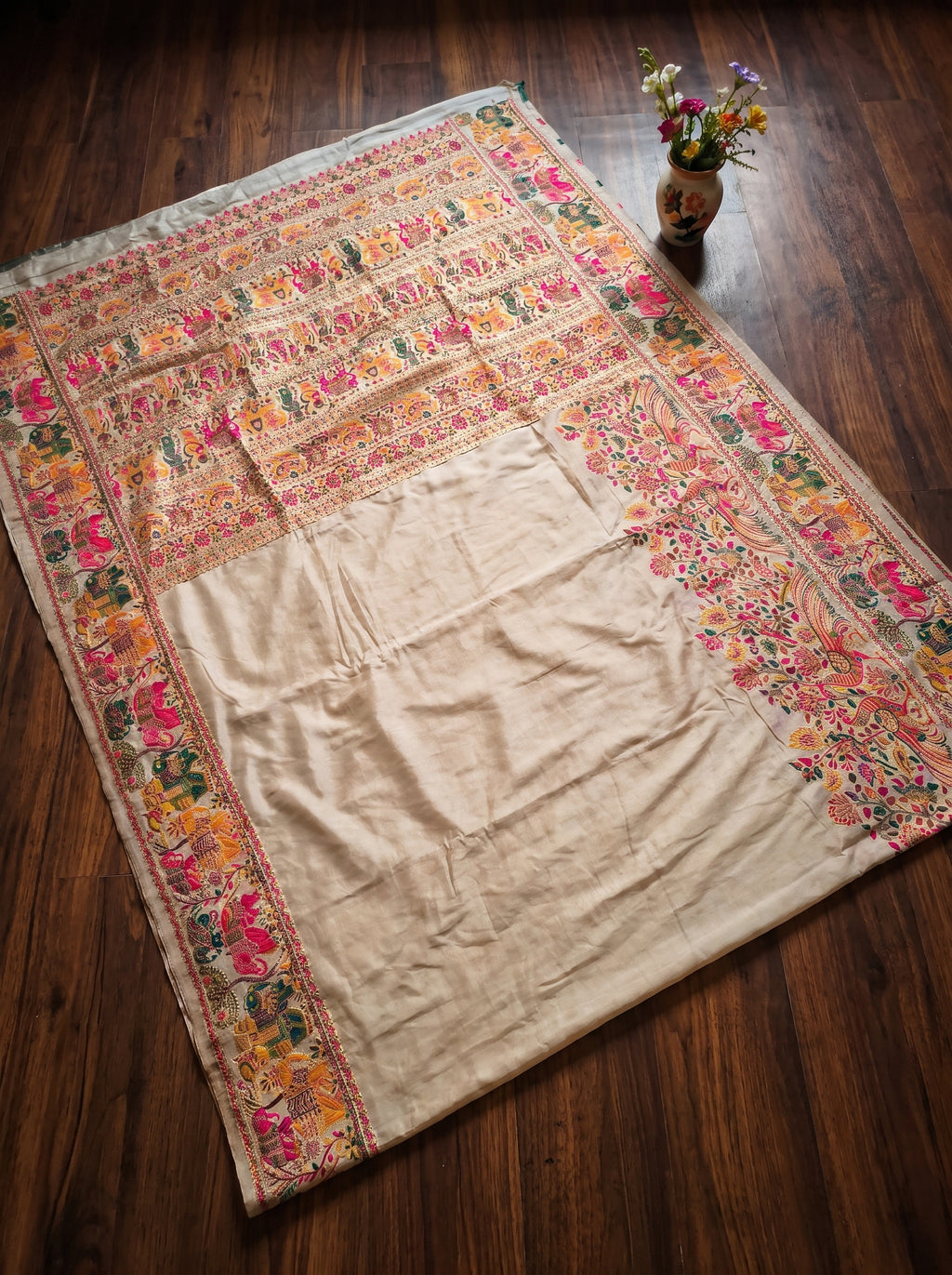 Beige Dola Crepe Pashmina Saree with Peacock & Elephant Motif | Premium Woven Festive Saree | Traditional Ethnic Wear for Women