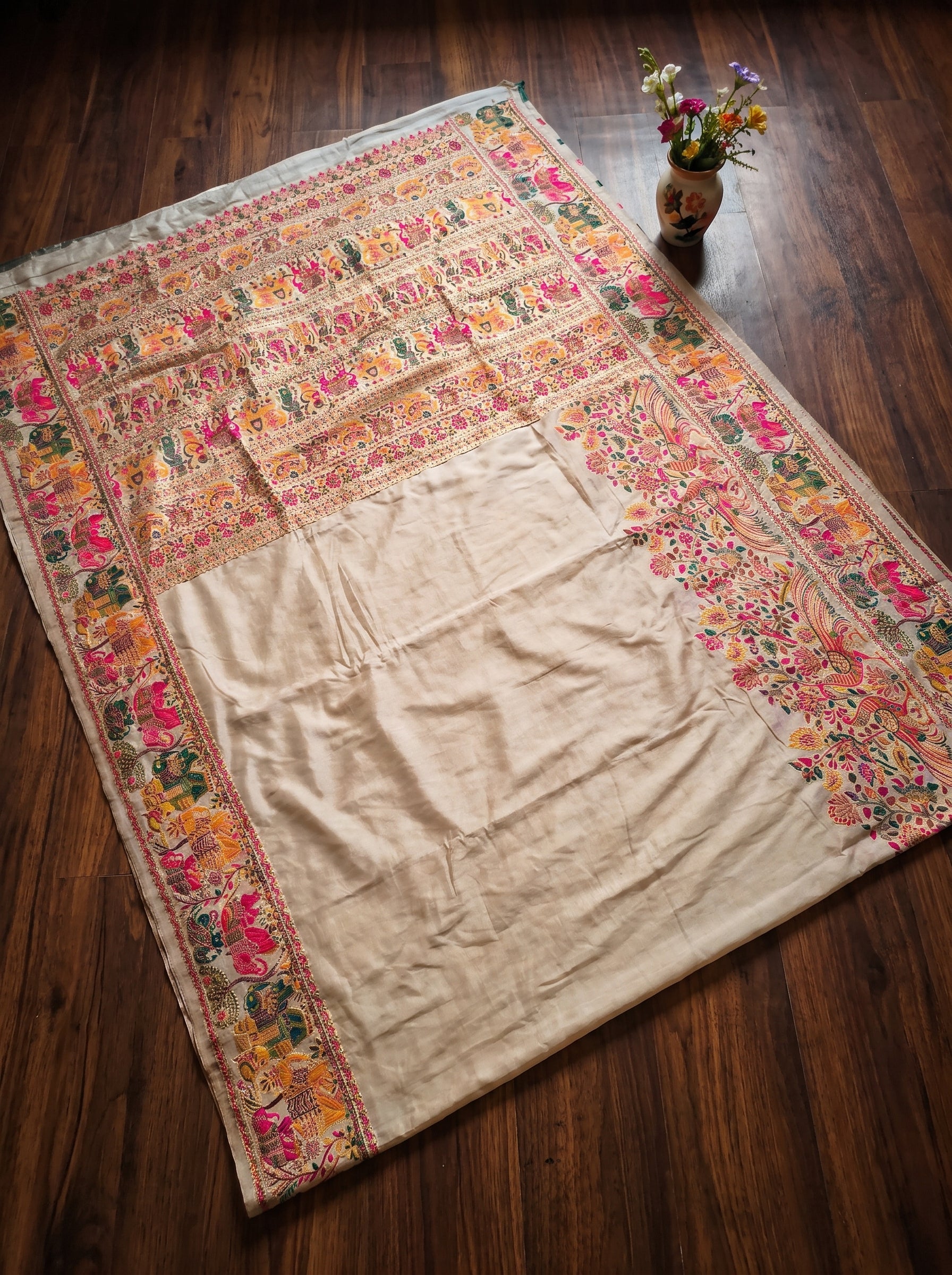 Beige Dola Crepe Pashmina Saree with Peacock & Elephant Motif | Premium Woven Festive Saree | Traditional Ethnic Wear for Women