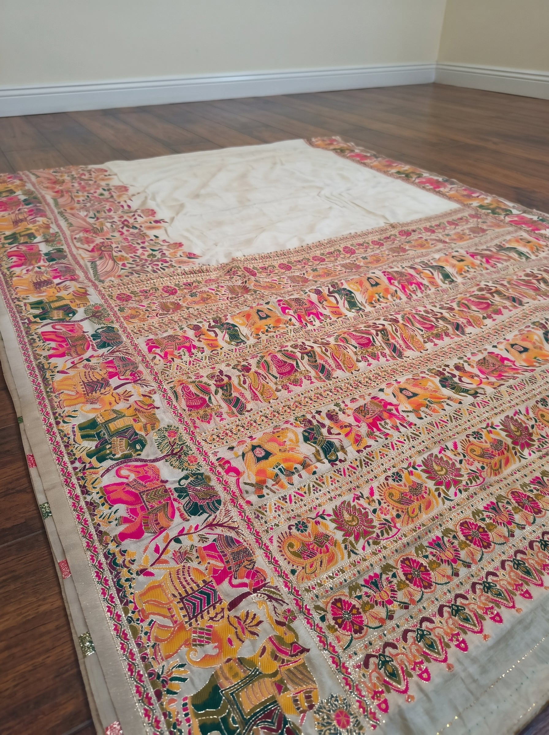Beige Dola Crepe Pashmina Saree with Peacock & Elephant Motif | Premium Woven Festive Saree | Traditional Ethnic Wear for Women