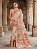 Beige Dola Crepe Pashmina Saree with Peacock & Elephant Motif | Premium Woven Festive Saree | Traditional Ethnic Wear for Women