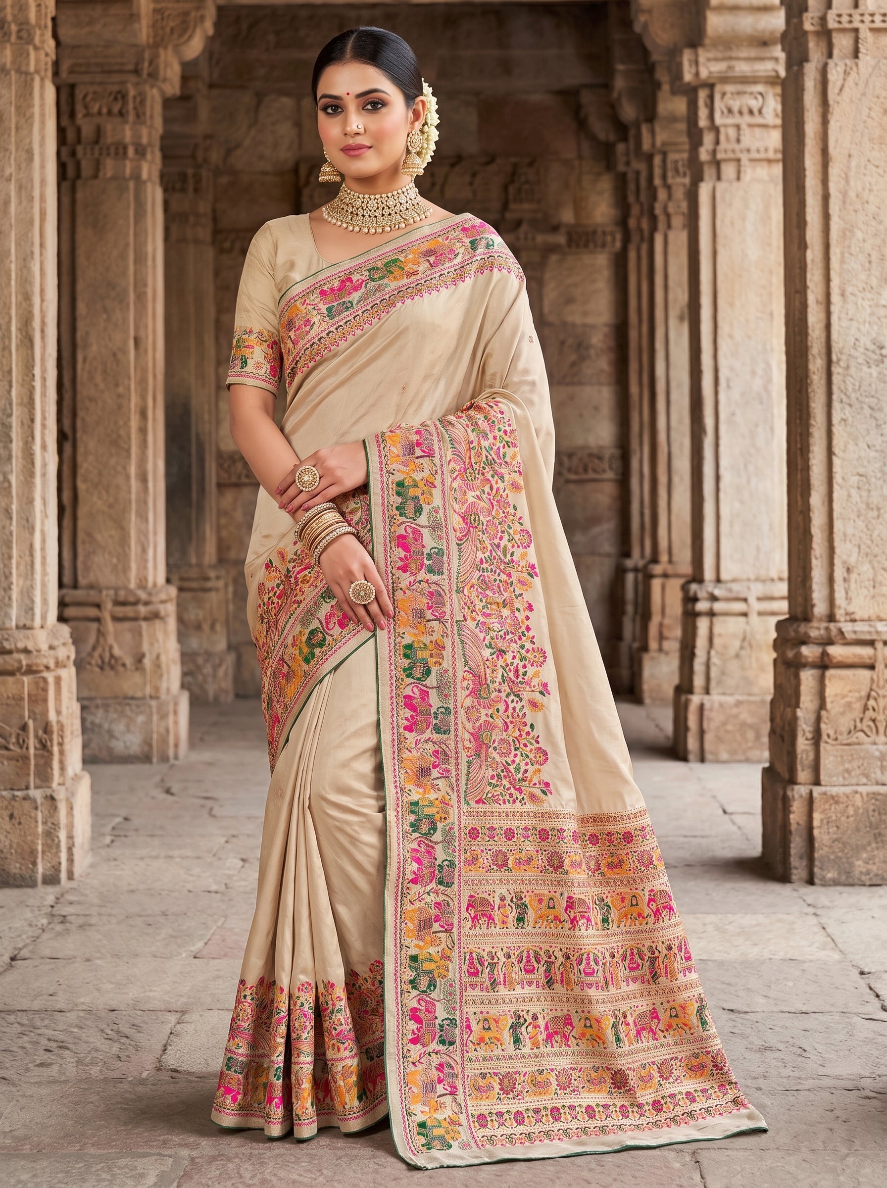 Beige Dola Crepe Pashmina Saree with Peacock & Elephant Motif | Premium Woven Festive Saree | Traditional Ethnic Wear for Women