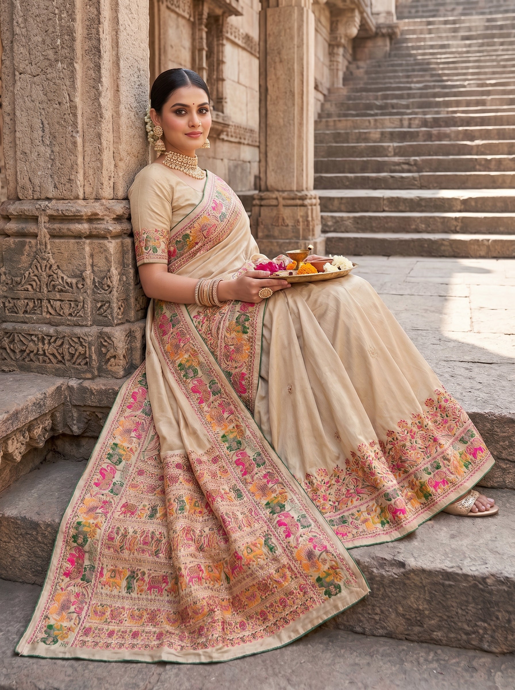 Beige Dola Crepe Pashmina Saree with Peacock & Elephant Motif | Premium Woven Festive Saree | Traditional Ethnic Wear for Women
