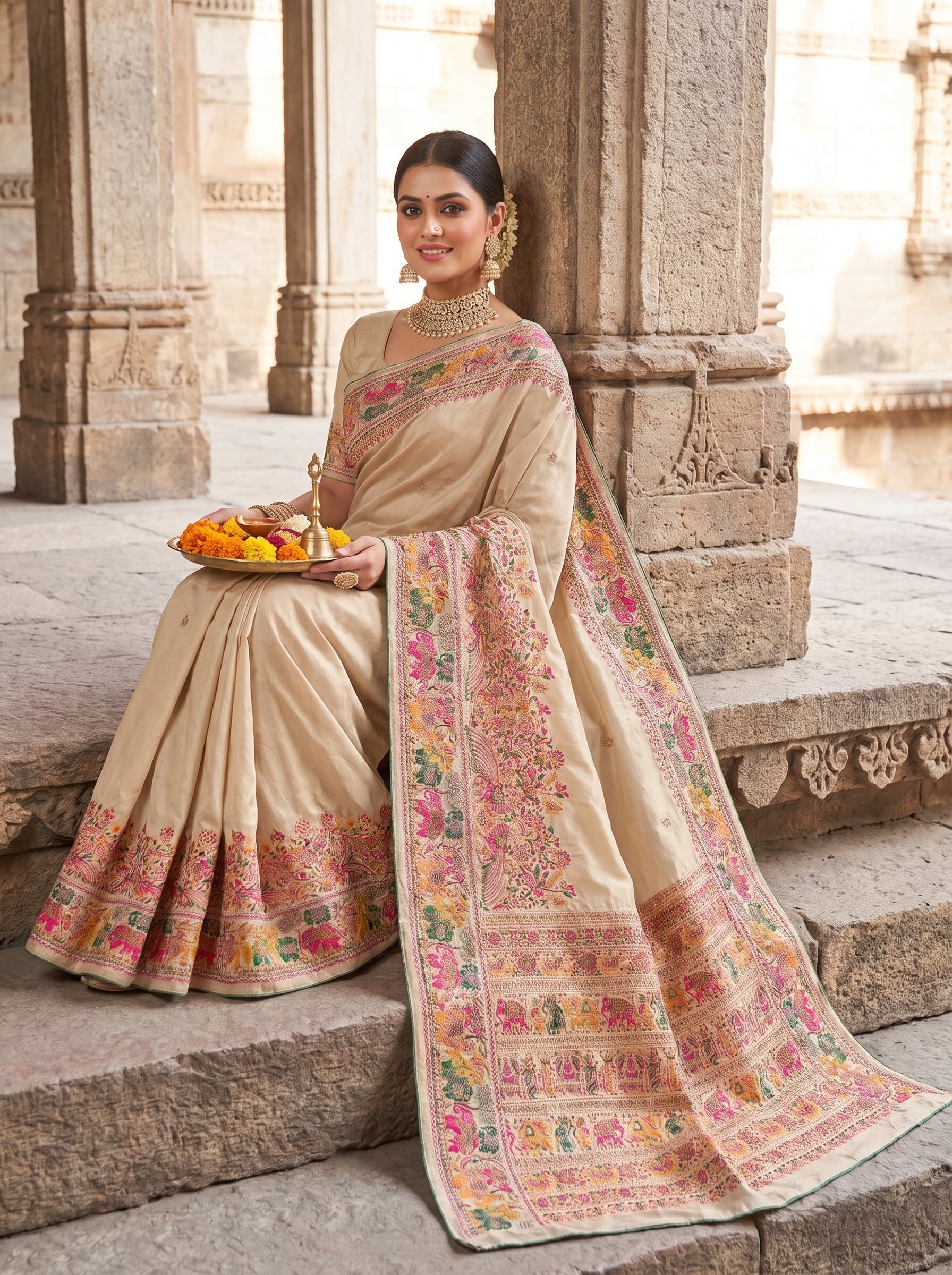 Beige Dola Crepe Pashmina Saree with Peacock & Elephant Motif | Premium Woven Festive Saree | Traditional Ethnic Wear for Women