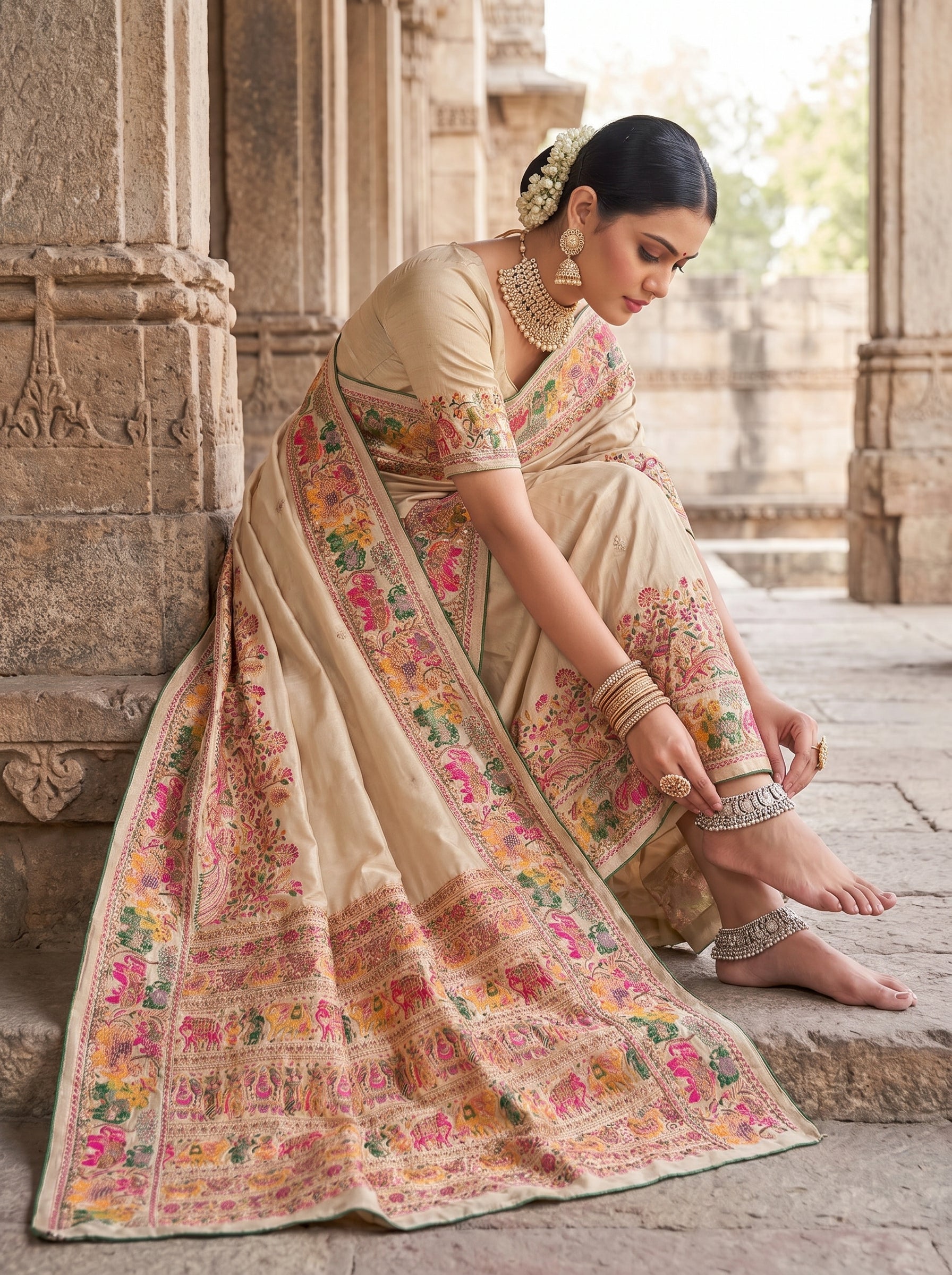 Beige Dola Crepe Pashmina Saree with Peacock & Elephant Motif | Premium Woven Festive Saree | Traditional Ethnic Wear for Women