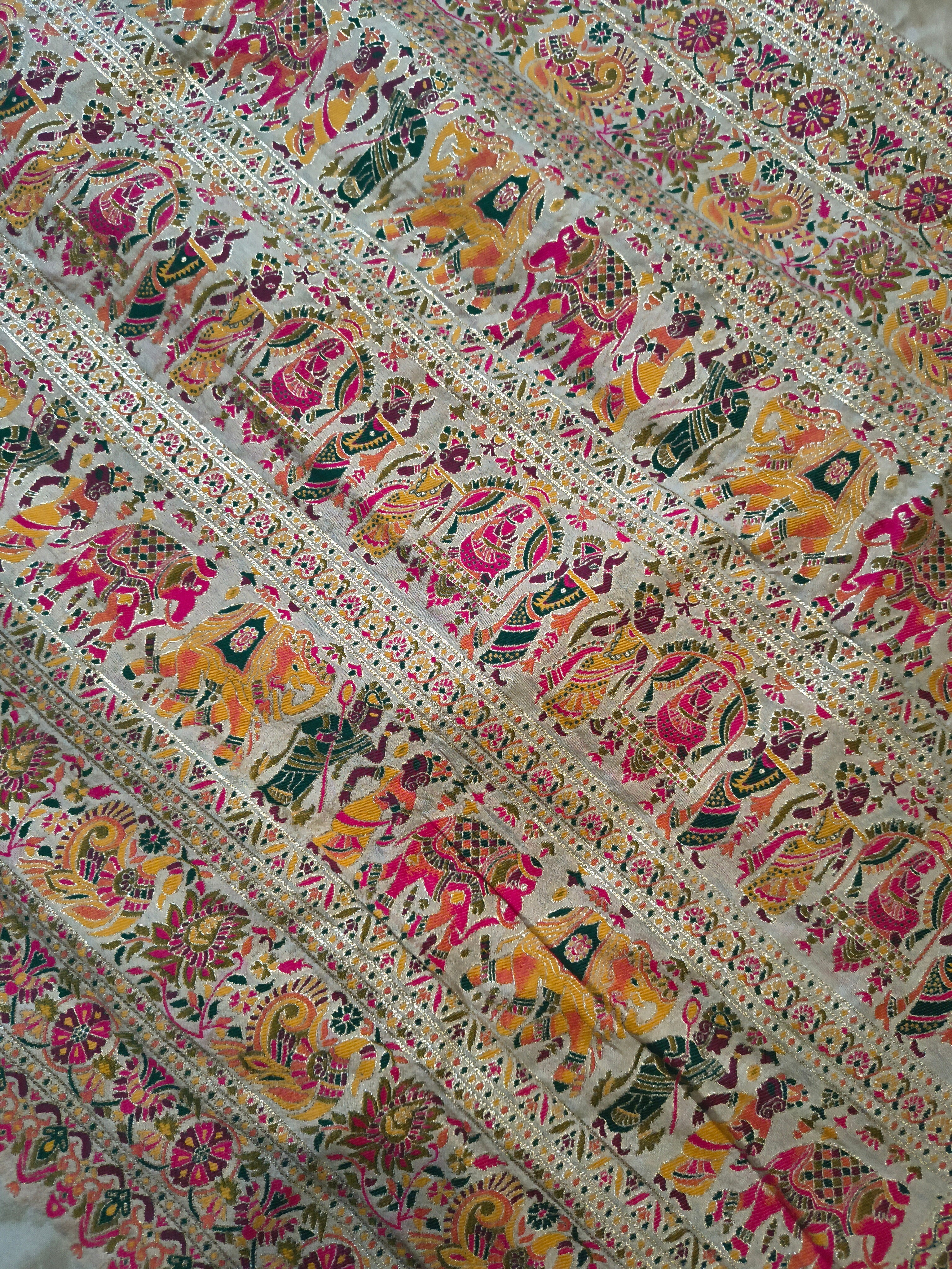 Beige Dola Crepe Pashmina Saree with Peacock & Elephant Motif | Premium Woven Festive Saree | Traditional Ethnic Wear for Women