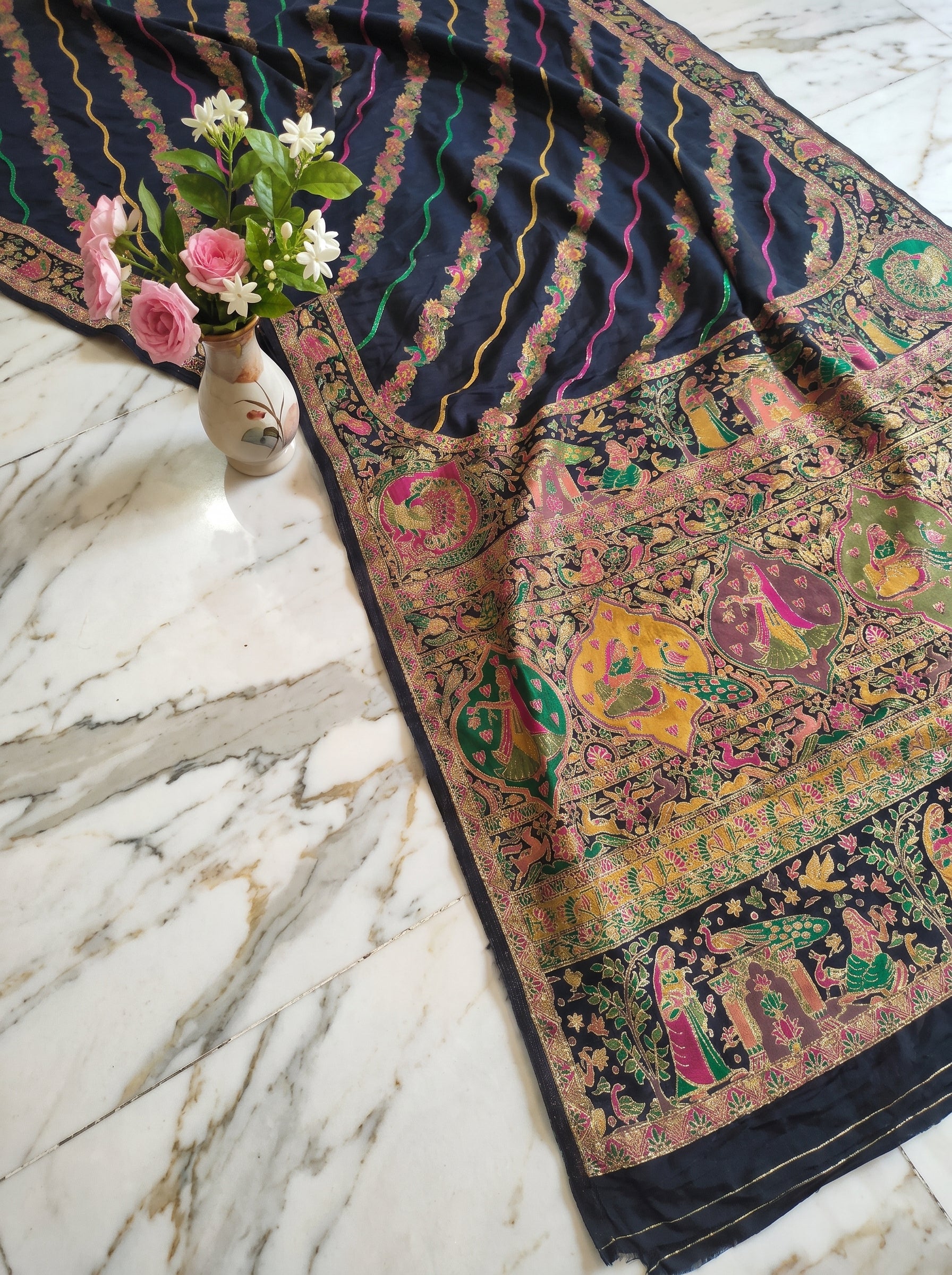 Black Dola crepe Pashmina Weaving Saree with rich Wedding motifs pallu
