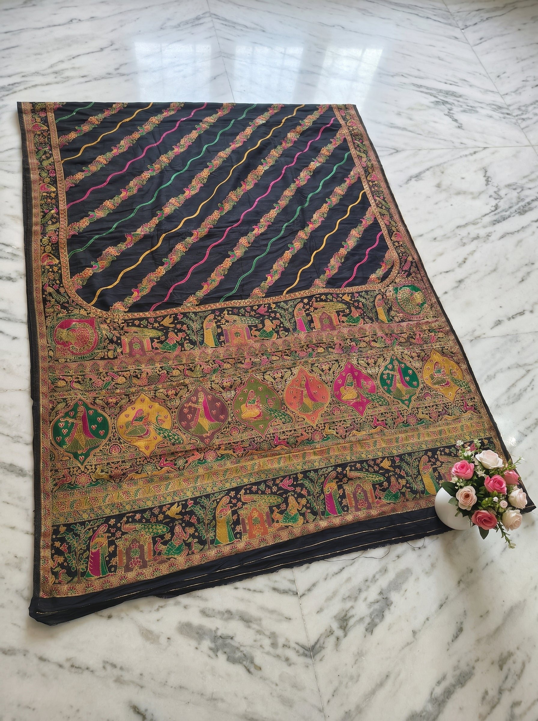 Black Dola crepe Pashmina Weaving Saree with rich Wedding motifs pallu