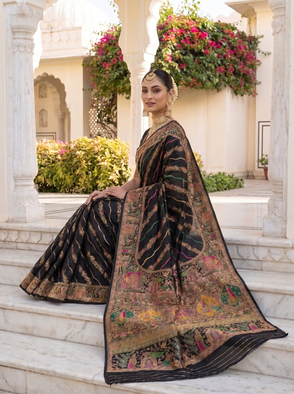 Black Dola crepe Pashmina Weaving Saree with rich Wedding motifs pallu