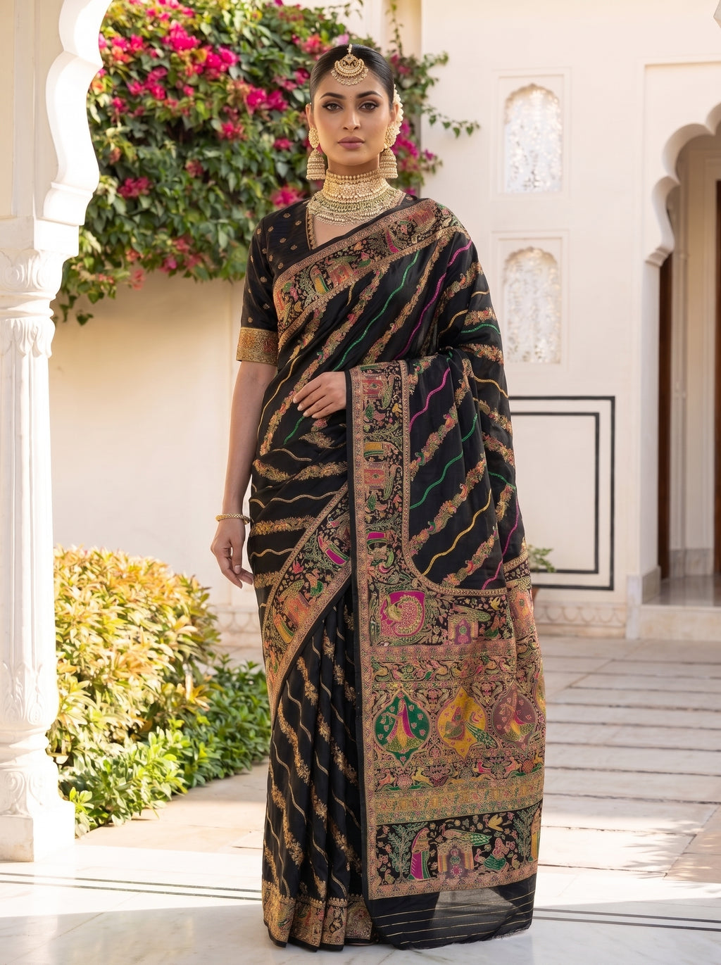 Black Dola crepe Pashmina Weaving Saree with rich Wedding motifs pallu