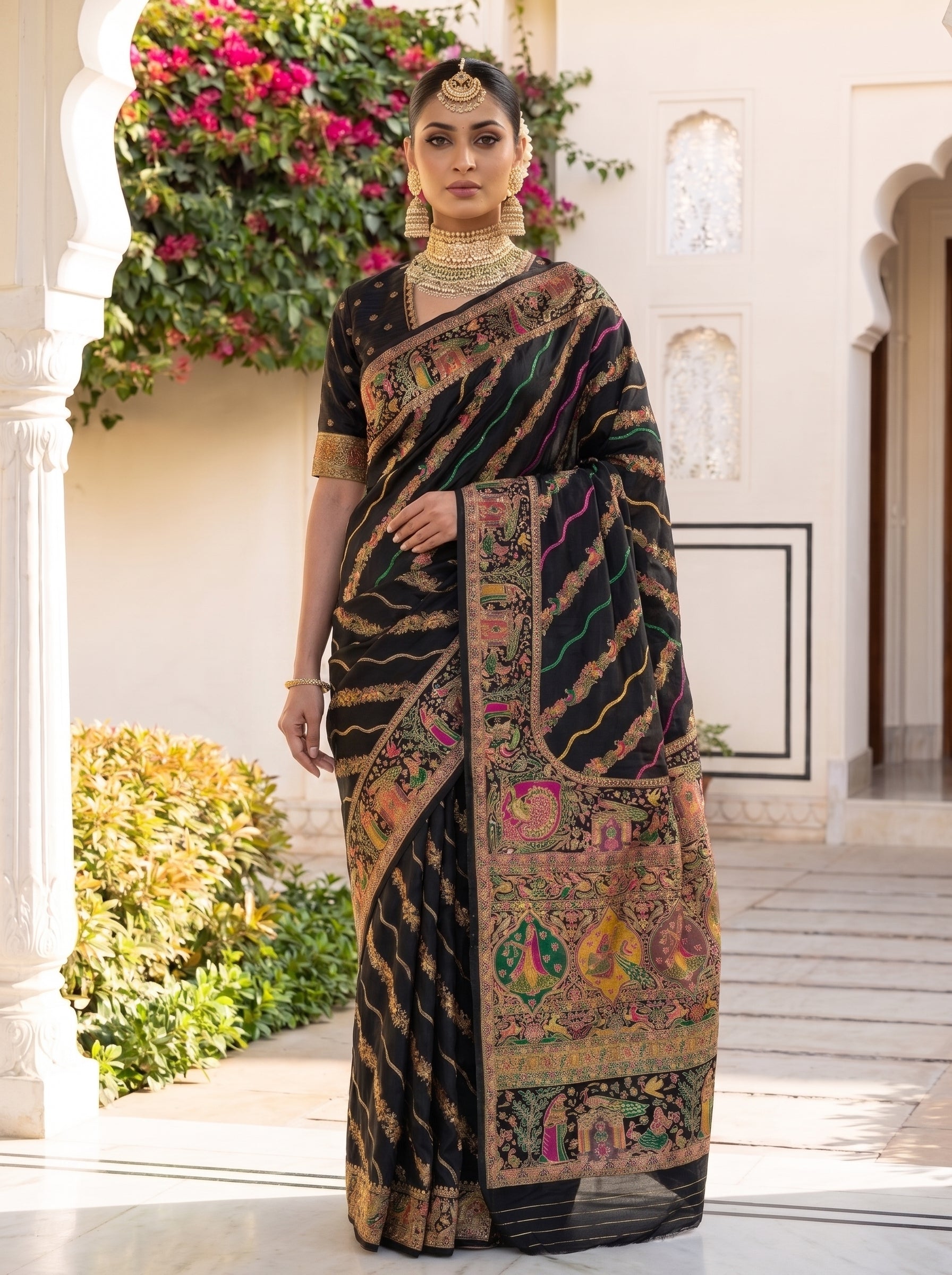Black Dola crepe Pashmina Weaving Saree with rich Wedding motifs pallu