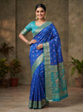 Royal Blue Banarasi Semi Silk Saree with Contrast Aqua Peacock Meenakari Border & Rich Pallu