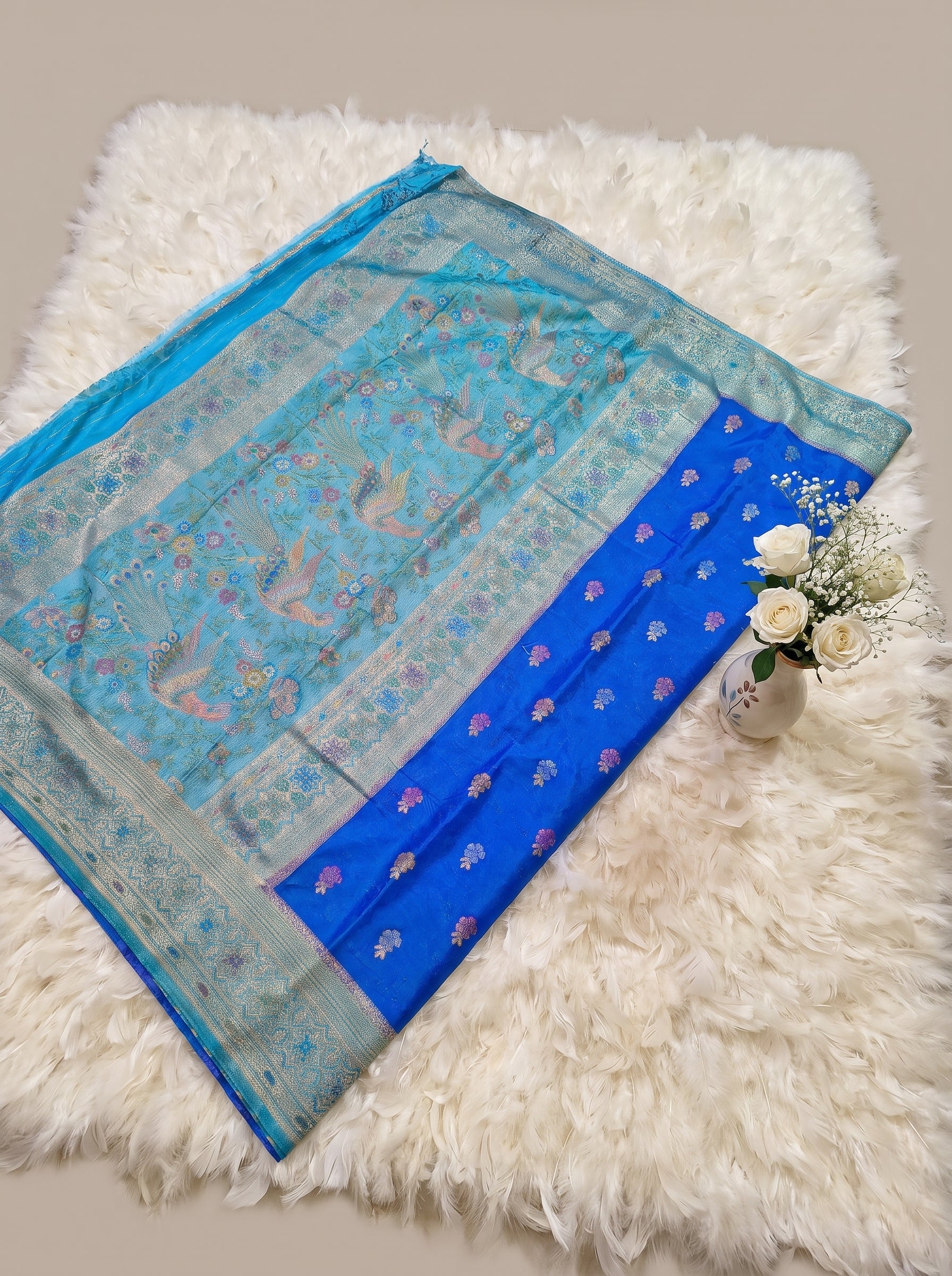 Royal Blue Banarasi Semi Silk Saree with Contrast Aqua Peacock Meenakari Border & Rich Pallu
