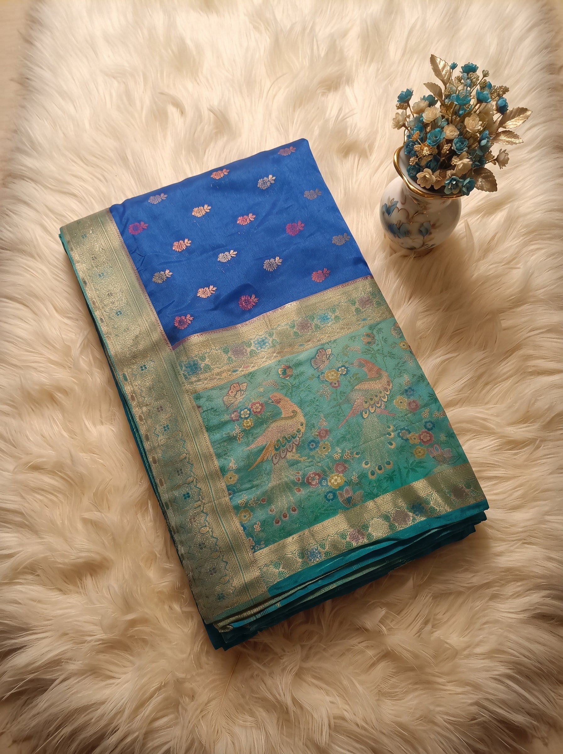 Royal Blue Banarasi Semi Silk Saree with Contrast Aqua Peacock Meenakari Border & Rich Pallu