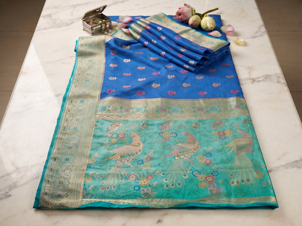 Royal Blue Banarasi Semi Silk Saree with Contrast Aqua Peacock Meenakari Border & Rich Pallu