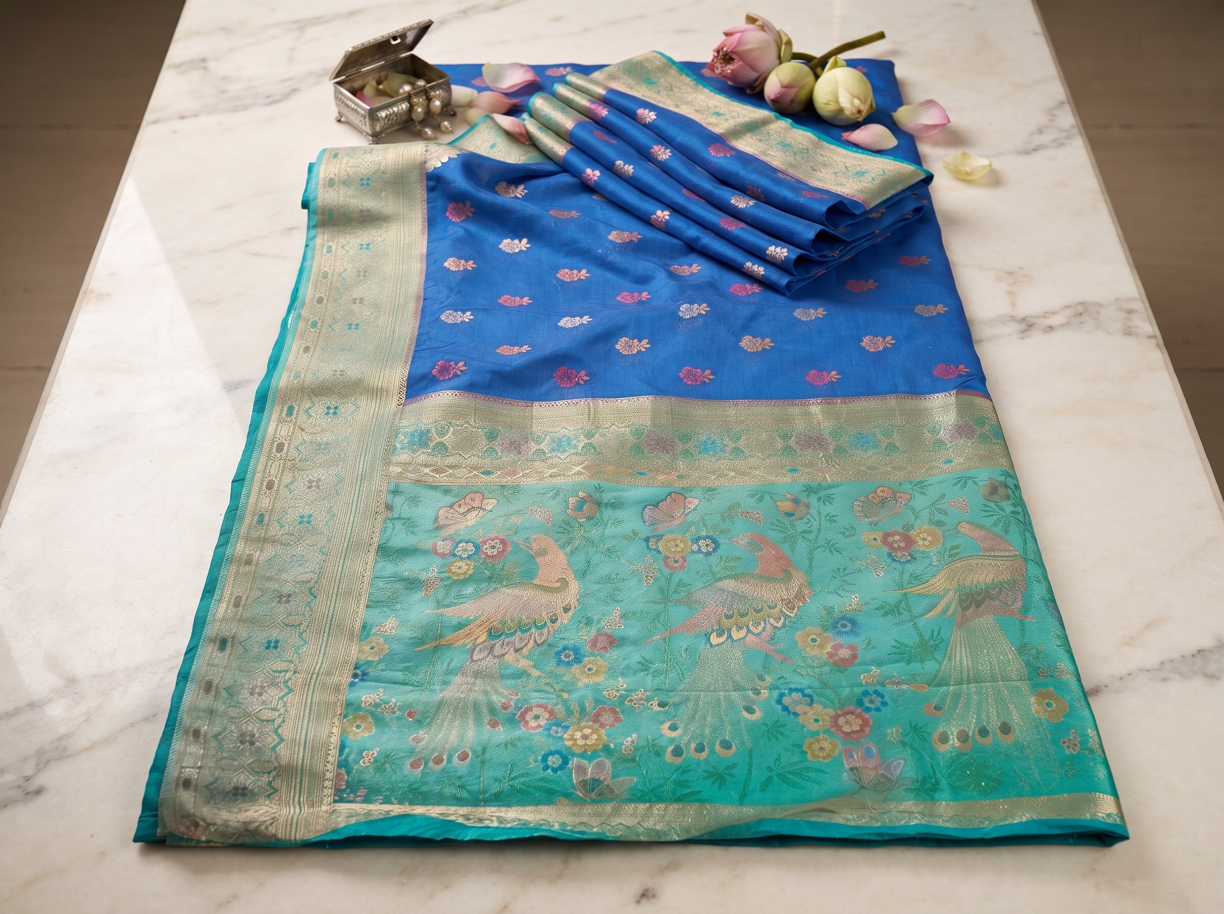 Royal Blue Banarasi Semi Silk Saree with Contrast Aqua Peacock Meenakari Border & Rich Pallu