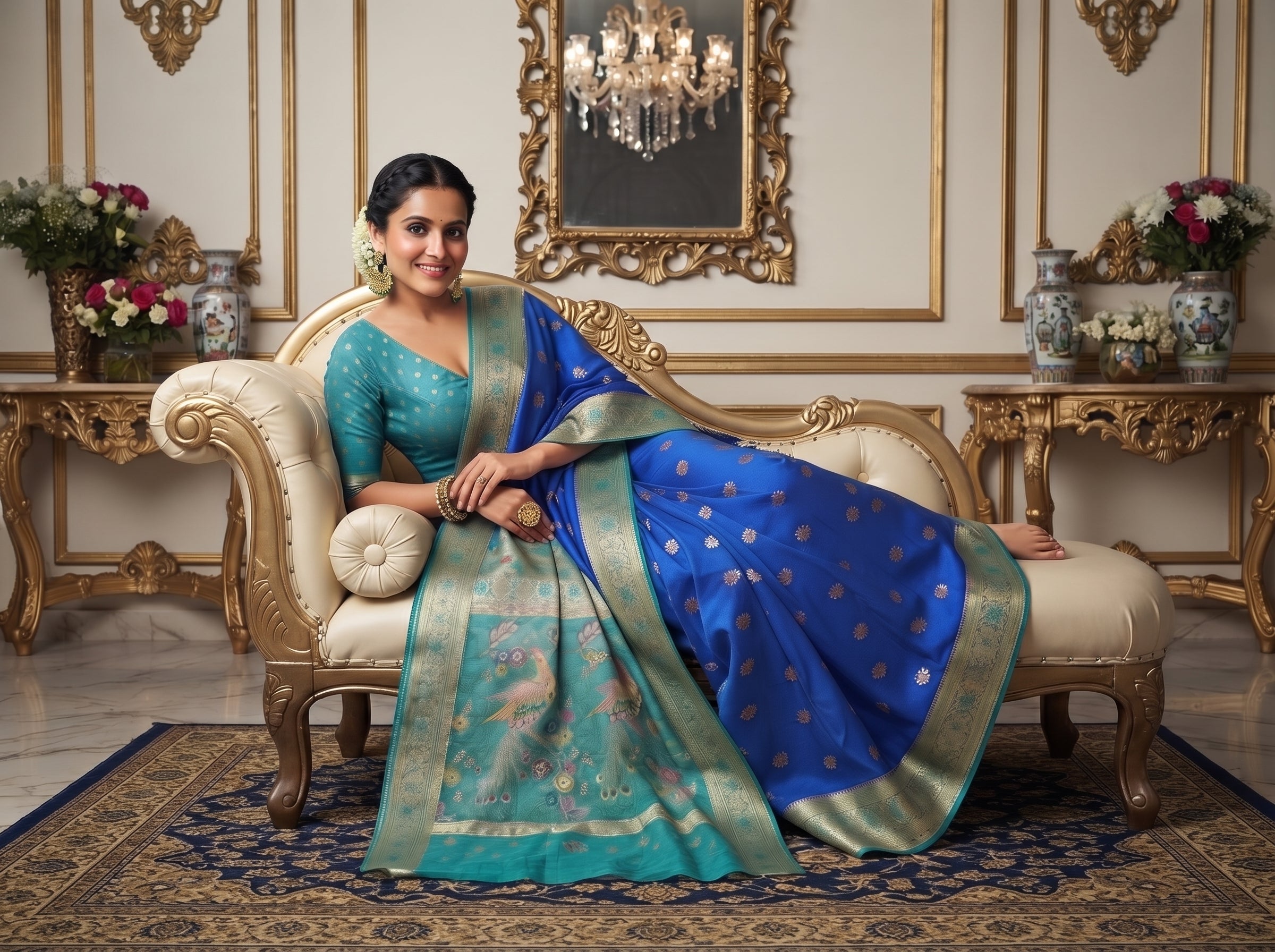 Royal Blue Banarasi Semi Silk Saree with Contrast Aqua Peacock Meenakari Border & Rich Pallu