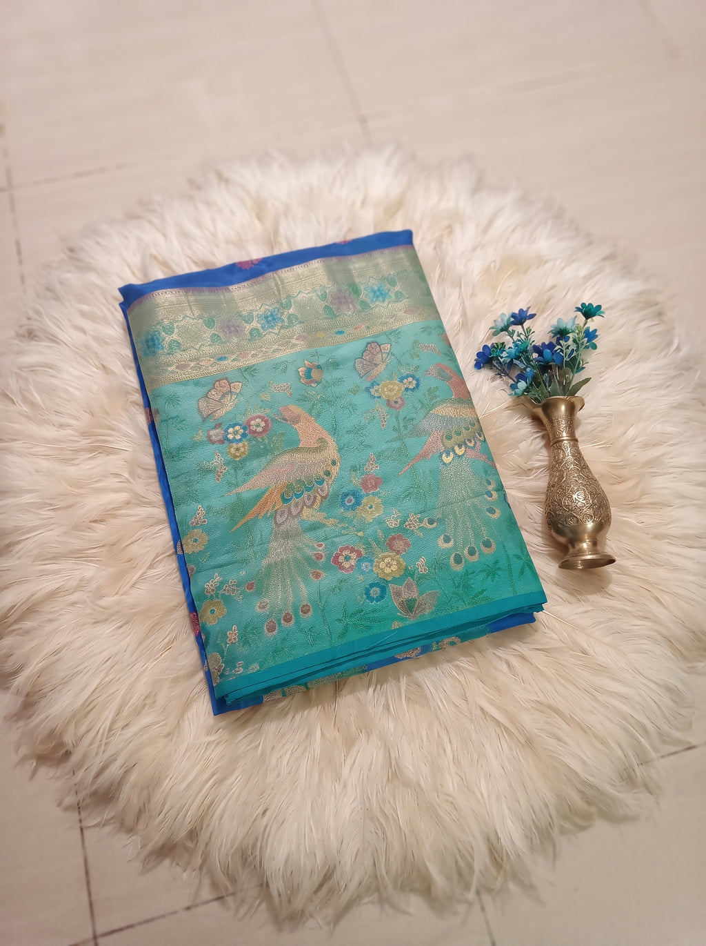 Royal Blue Banarasi Semi Silk Saree with Contrast Aqua Peacock Meenakari Border & Rich Pallu