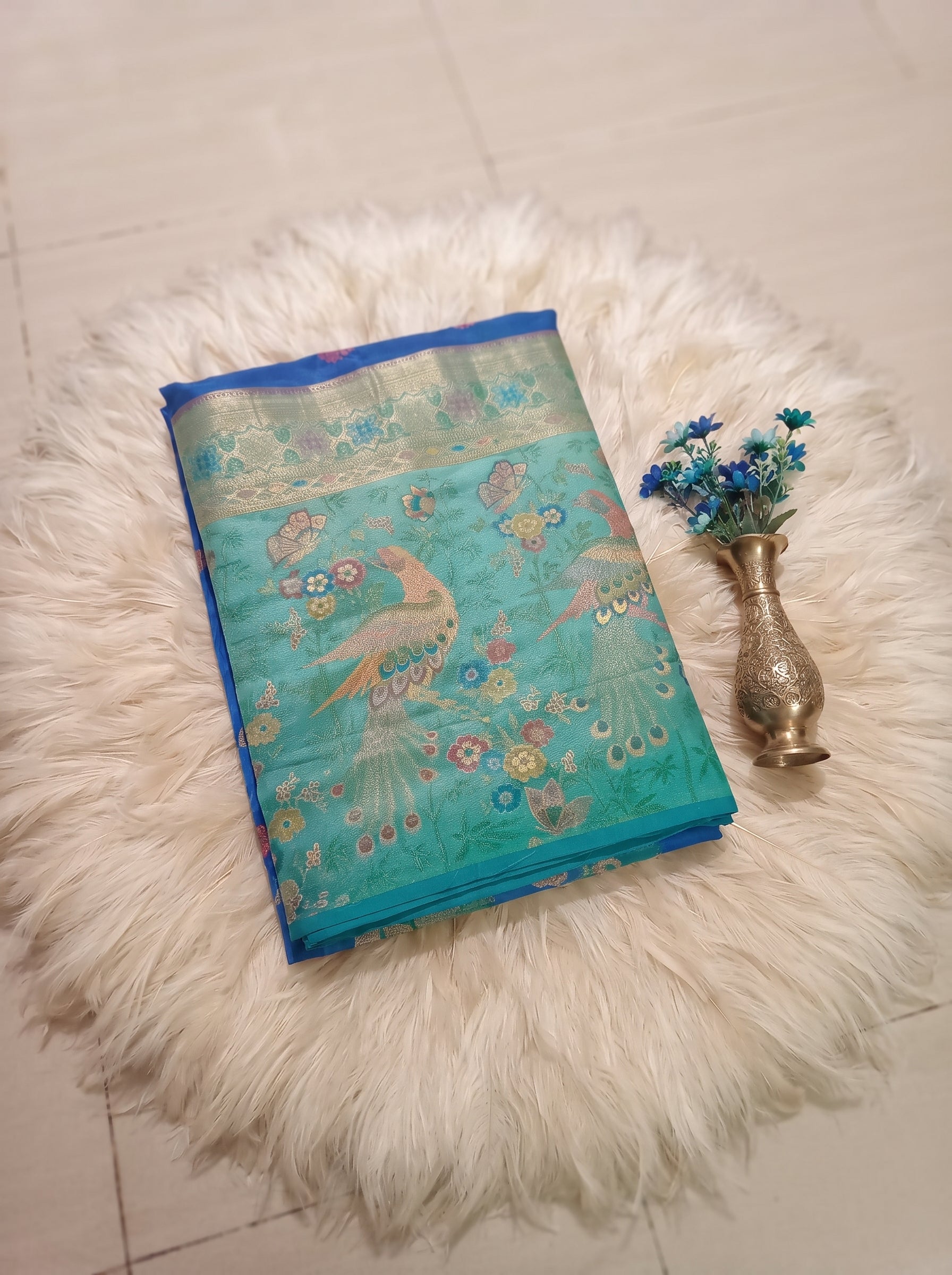 Royal Blue Banarasi Semi Silk Saree with Contrast Aqua Peacock Meenakari Border & Rich Pallu
