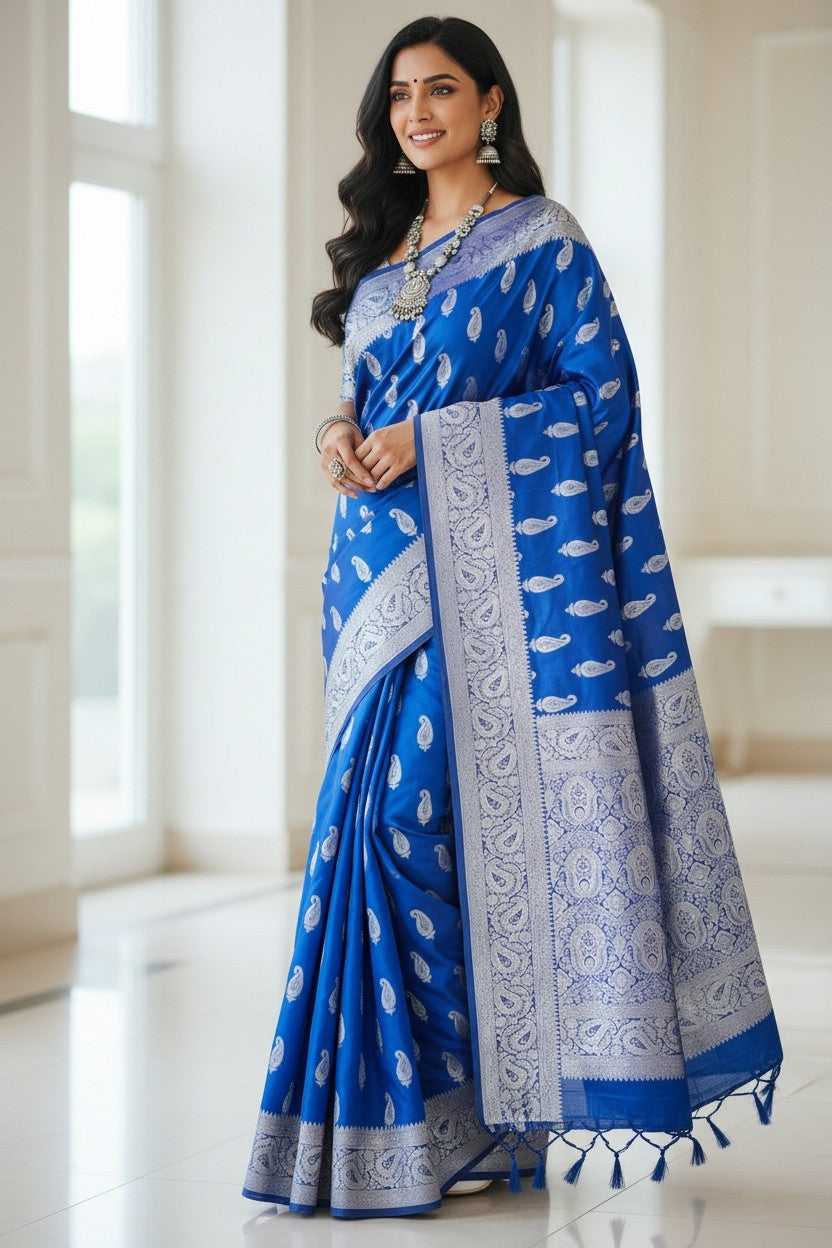Premium Banarasi Mashru Silk Saree with Glossy shine & Woven Zari Border