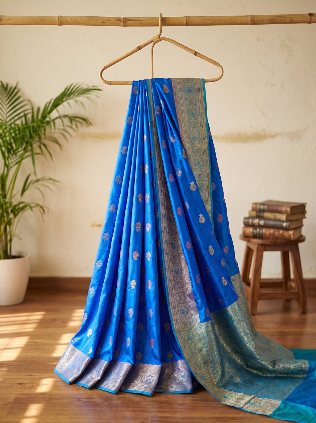 Royal Blue Banarasi Semi Silk Saree with Contrast Aqua Peacock Meenakari Border & Rich Pallu