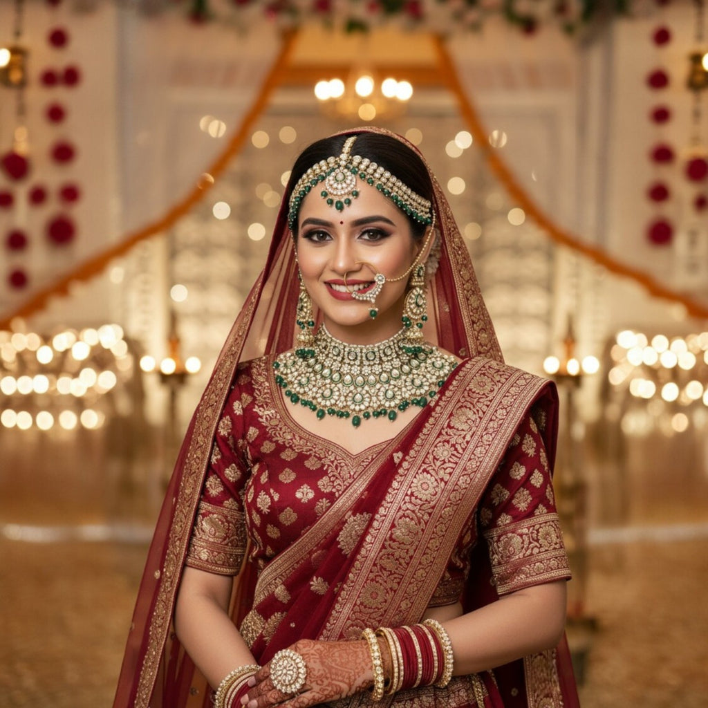Grand Kundan Bridal Jewellery Set with Maatha Patti & Nath – Royal Wedding Collection
