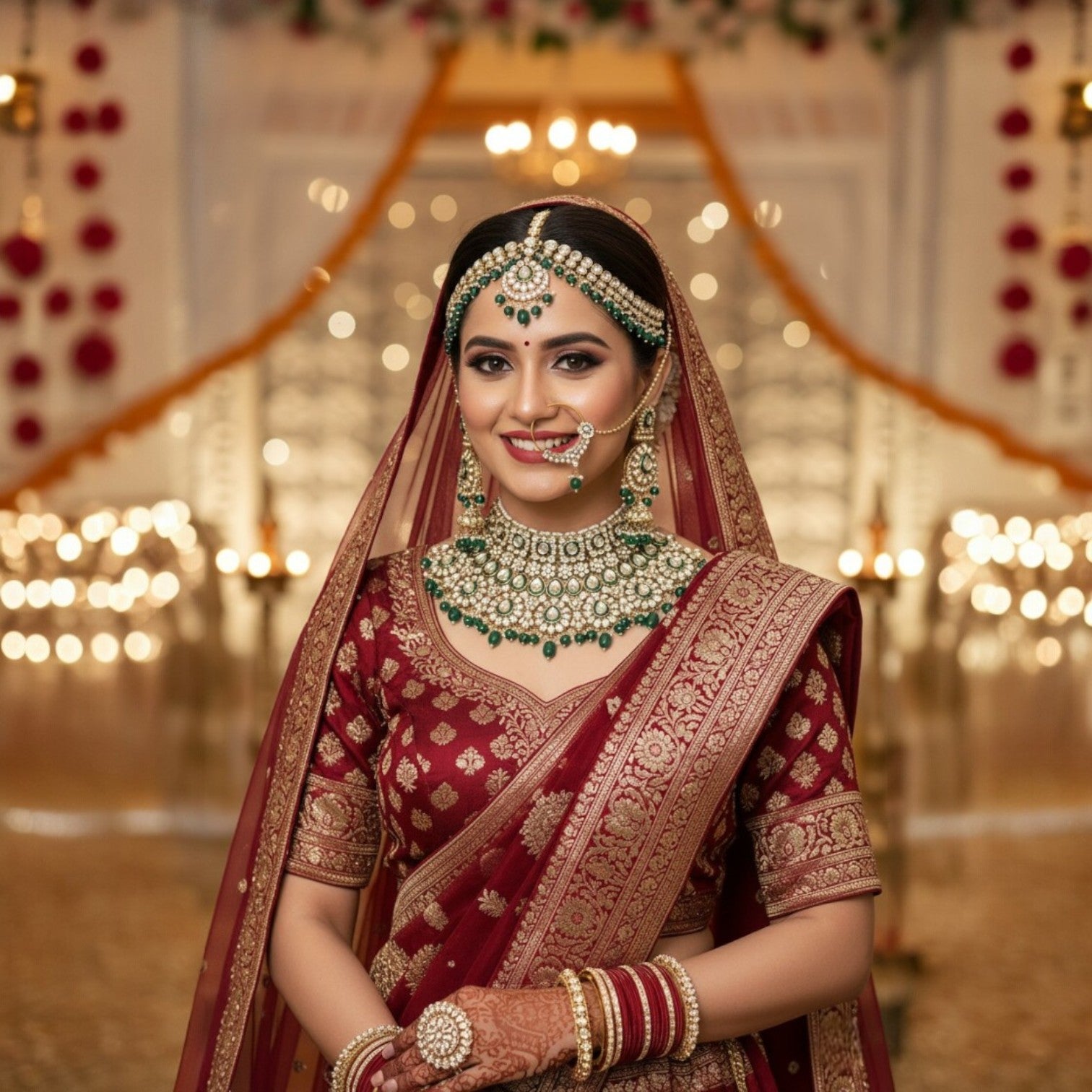 Grand Kundan Bridal Jewellery Set with Maatha Patti & Nath – Royal Wedding Collection
