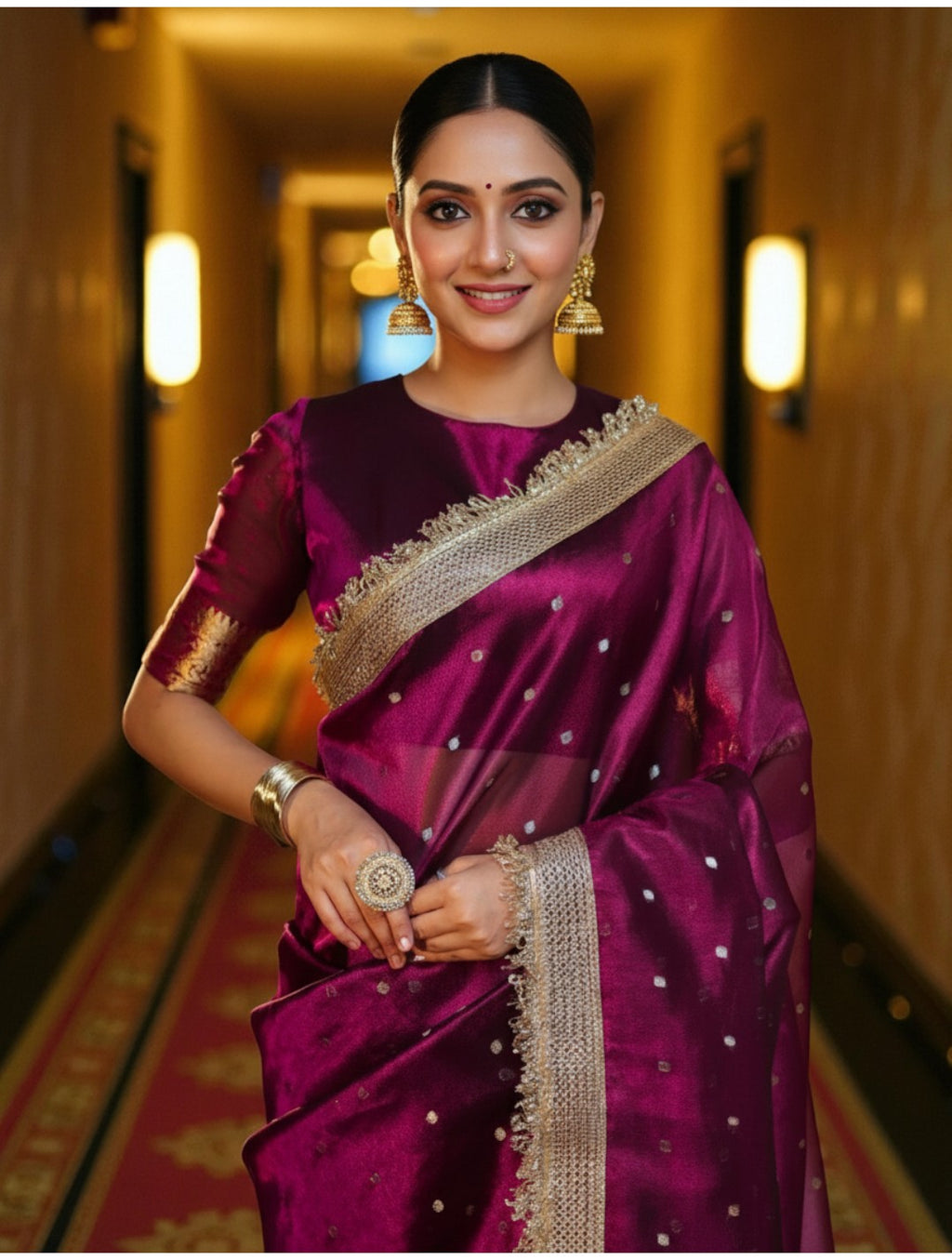 Burgundy Banarasi Tissue Saree with Gold Zari Border