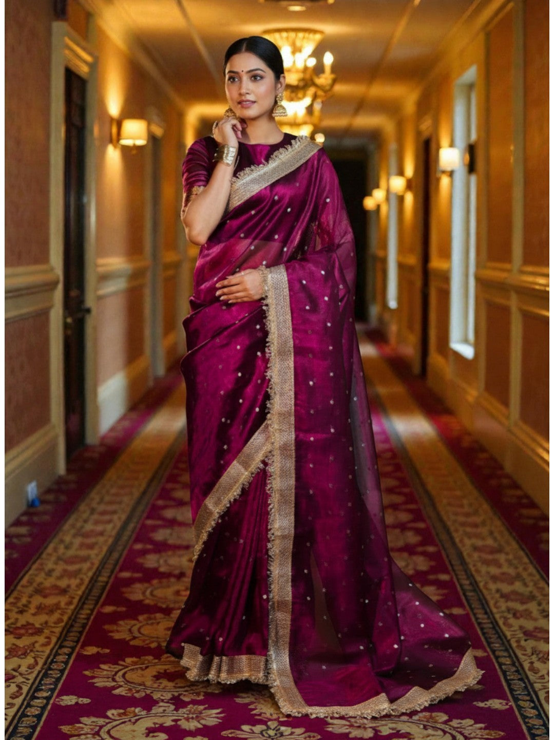 Burgundy Banarasi Tissue Saree with Gold Zari Border
