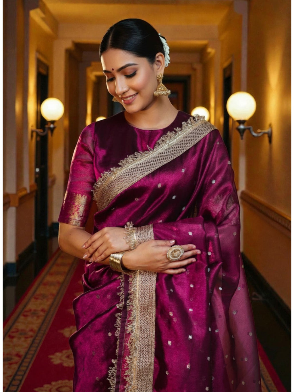 Burgundy Banarasi Tissue Saree with Gold Zari Border