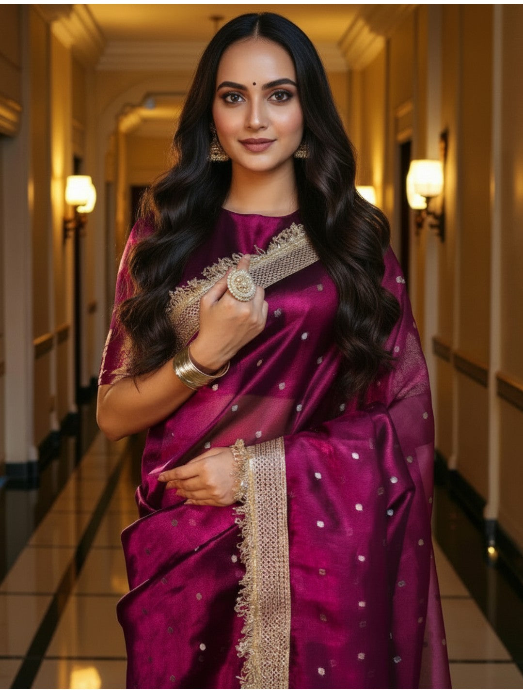 Burgundy Banarasi Tissue Saree with Gold Zari Border