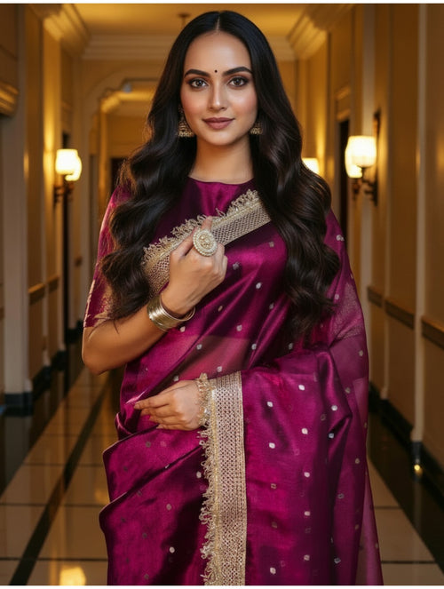 Burgundy Banarasi Tissue Saree with Gold Zari Border